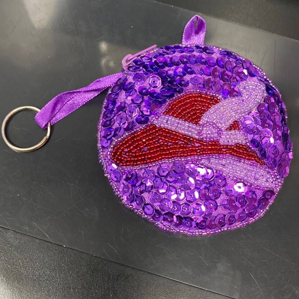 Red Hat Society Zip Coin Purse Sparkling Sequined Beaded Purple with Key Ring
